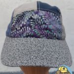 front view of 5 panel hat no 211 showing purple batik front panel