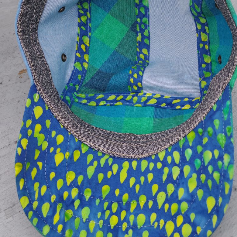 inside detail of 5 panel hat showing beautiful blue batik